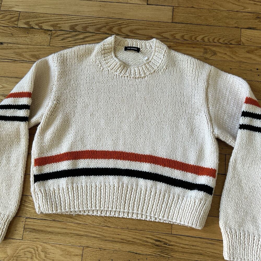 Raf Simons FW22 Cropped RS Striped Merino Wool Sweater Broken White